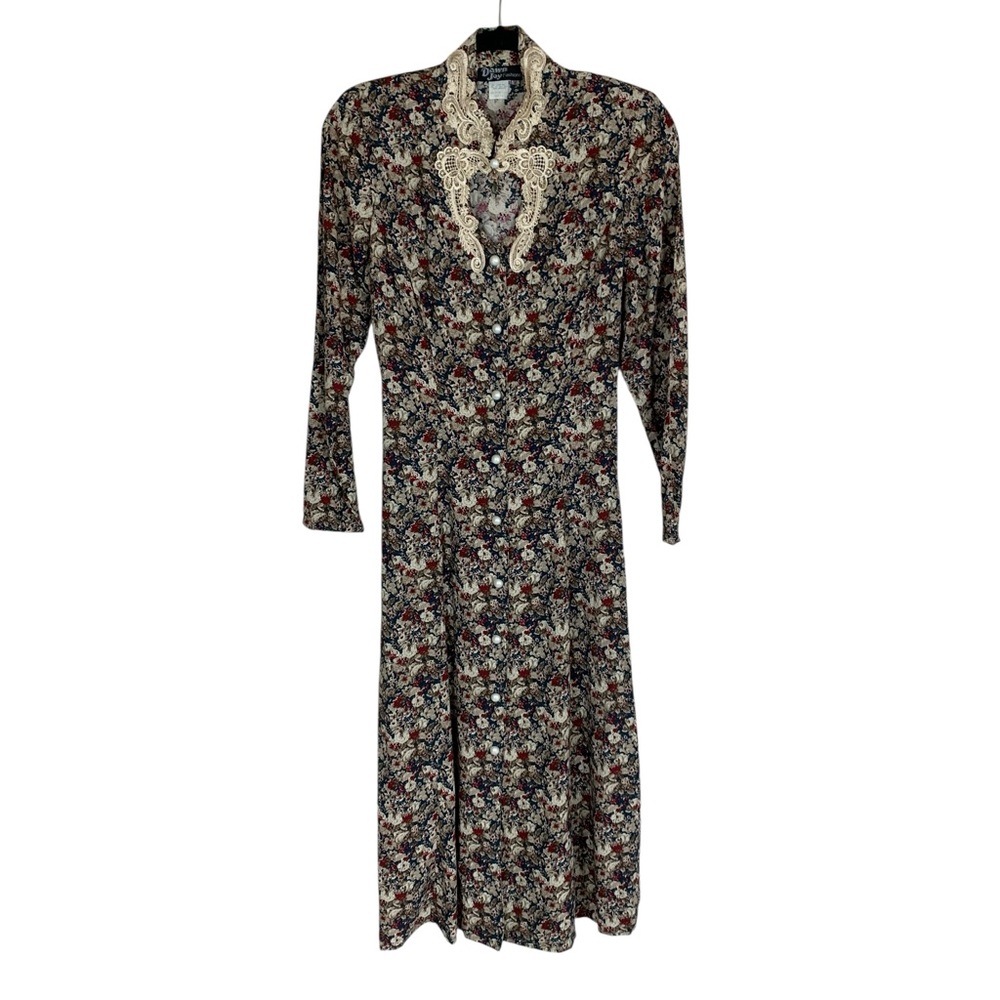 Vintage Dawn Joy Green Red Floral Lace Trim Long Sleeve Button Front Dress 7/8